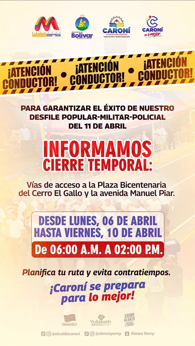 ​¡Atención, Caroní! 

Con motivo de nuestro desfile del 11 de Abril, informamos que a partir de...