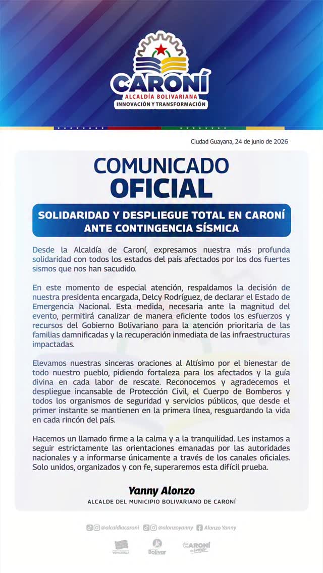 COMUNICADO OFICIAL: Solidaridad y despliegue total en Caroní ante contingencia sísmica.
@nicolasma...