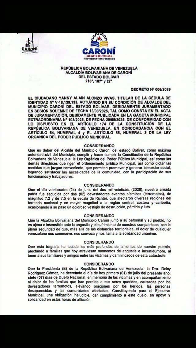 La Alcaldía Bolivariana de Caroní informa a la ciudadanía que, en solidaridad con las víctimas d...