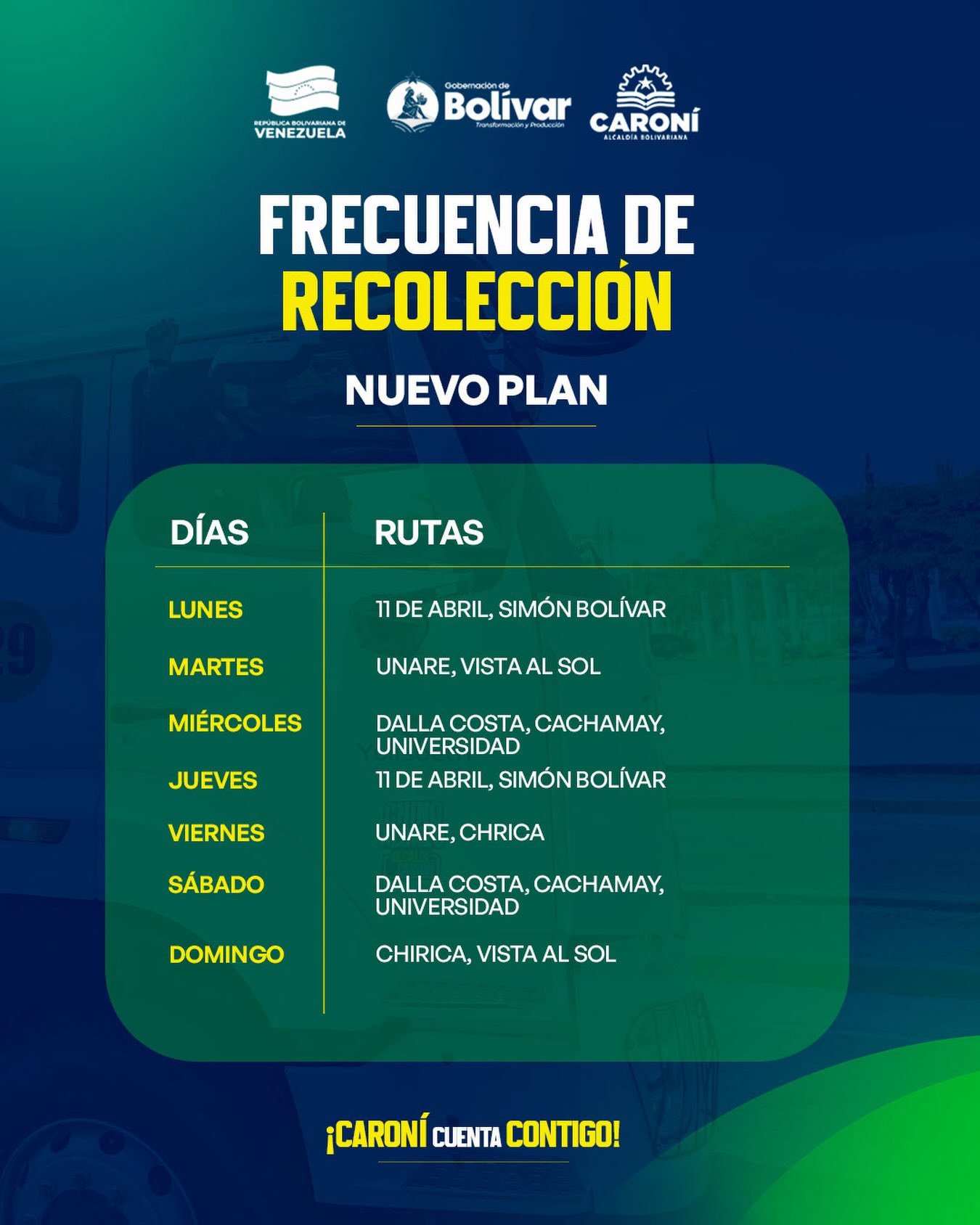🚨 ¡ATENCIÓN, CARONÍ!

Conoce la nueva frecuencia de recolección de desechos sólidos para las...