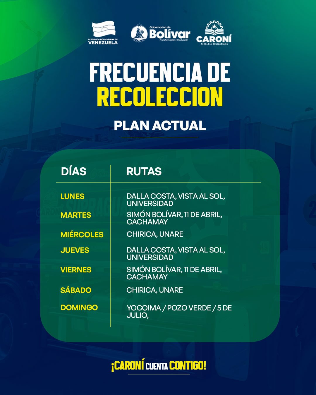 ¡Conoce la frecuencias de recolección de desechos sólidos del municipio CARONÍ!