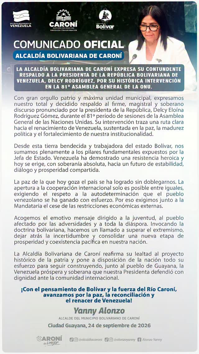 La Alcaldía Bolivariana de Caroní expresa su contundente respaldo a la histórica intervención de...